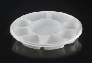 large round disposable plastic plate with 11 sections